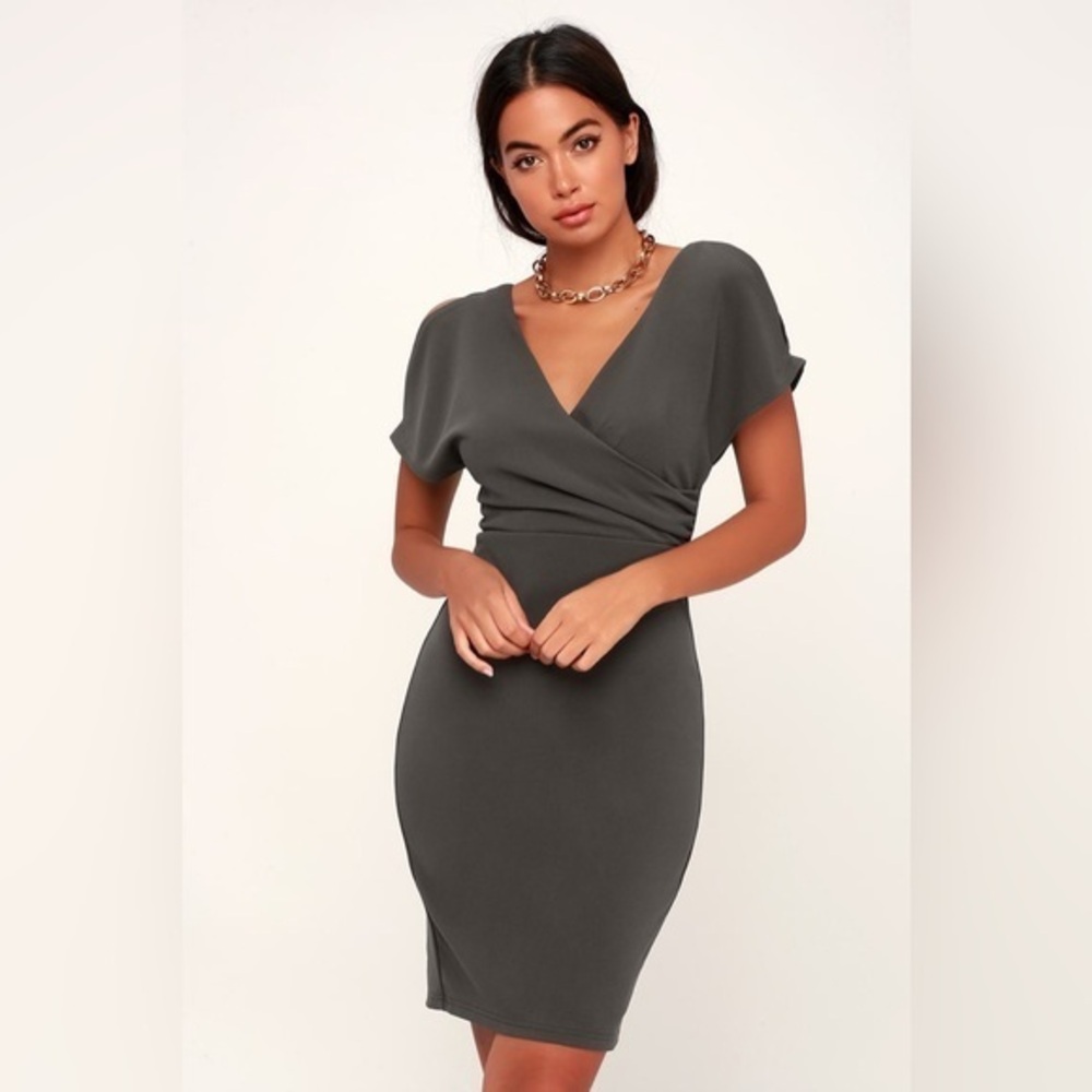 Lulus Raquel Grey Cold Shoulder Surplice Dress XS